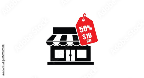 A storefront is depicted with a sale tag indicating 50% off and $10 off.