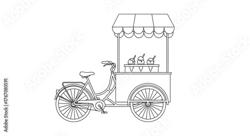 A stylized illustration of a food cart on a bicycle offering treats.