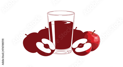 A glass of dark red apple juice with whole and sliced apples around it.