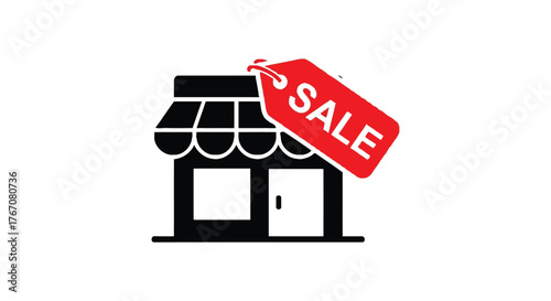 A storefront with a red sale tag attached to its awning.