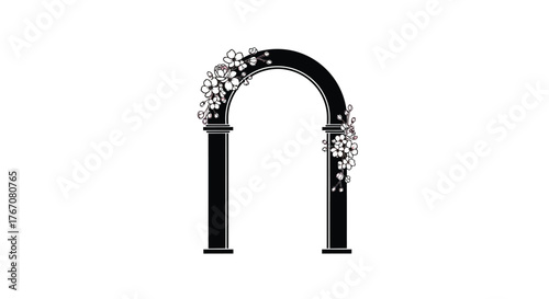 A black archway adorned with delicate white flowers on a white background.