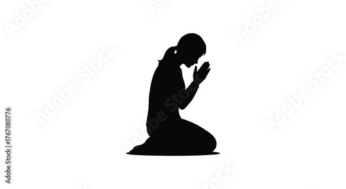 Silhouette of a person kneeling in prayer on a white background.