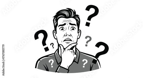 A man with a confused expression ponders surrounded by question marks.