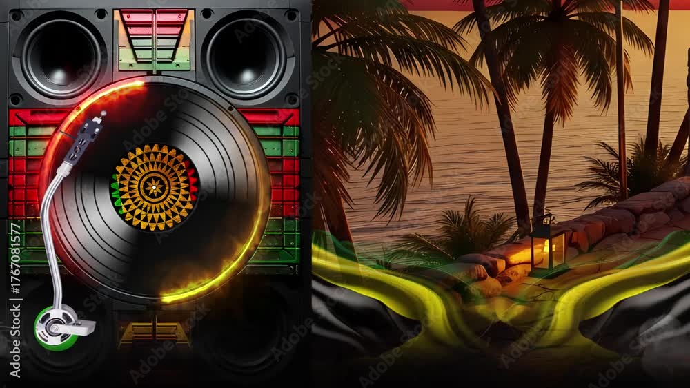 Reggae Party Club Scene, Flyer Background for Events and Sound Systems, Vinyl Record Style