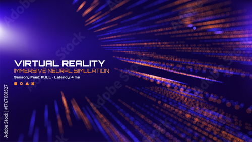 Virtual reality immersive neural simulation depicted with digital data stream. Futuristic technology background for cyber world and computer science concept.