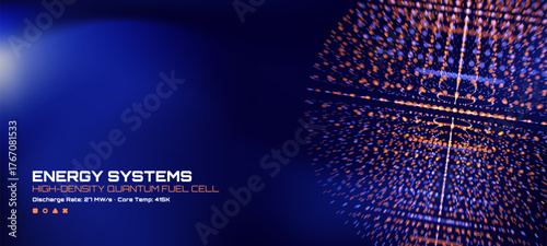 Energy systems with high-density quantum fuel cell and discharge rate against futuristic dot matrix background. Technology concept.