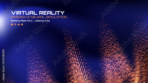 Virtual reality immersive neural simulation on dark background. Digital future concept with floating particles and sensory feed information.