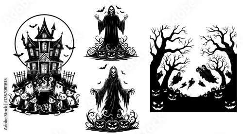 Grim Reaper Halloween Vector, Black and White Reaper Silhouette