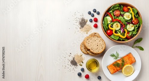 Wallpaper Mural Healthy Balanced Meal with Grilled Salmon, Fresh Salad, and Whole Grain Bread on Light Table Torontodigital.ca