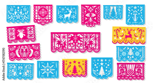 Collection of colorful papel picado banners with christmas themes