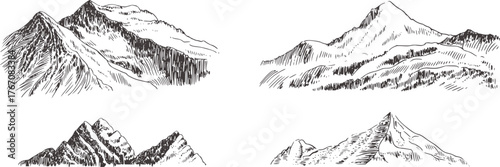 Black and white ink sketch of mountain ranges mountains drawing