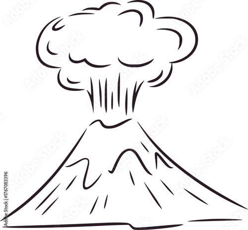 Black and white line drawing of erupting volcano with smoke plume eruption