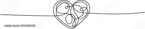 Minimalist continuous line drawing of a heart shape love black and white