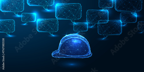AI in construction and digital safety with glowing hard hat and networked communication bubbles