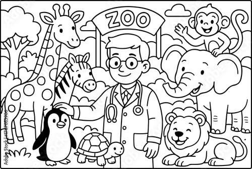 hand drawn vector doodle illustration of fairy tale characters in the zoo coloring page for kids line art