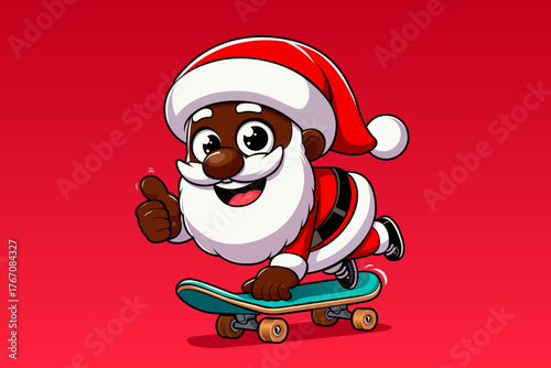 Cool Santa Claus cartoon character with a skateboard. Skateboarding santa claus vector illustratio design element for holiday cards, posters, stickers, t-shirts, festive decorations