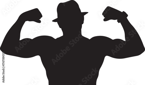 Black silhouette of a muscular man flexing arms wearing a fedora