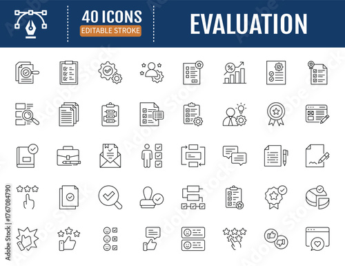 Evaluation icon set. Includes assessment,review, rate, grade, project icon. VectorIllustration with Editable Strokes