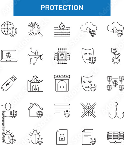 Security vector web line icon collection, sleek illustrations of locks, shields, cameras, cybersecurity for safe, protected digital designs.

