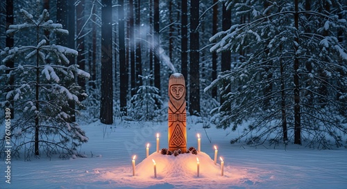 Ancient carved wooden idol stands majestically in a magical snowy winter forest. Warm illuminated candles glow, celebrating a mystical Yule tradition. Serene winter solstice ceremony.