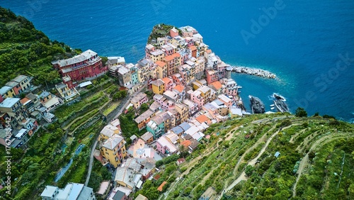 Schilderij op canvas Top-down drone shot over Manarola promontory and fishing harbor revealing concen