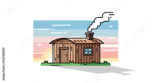 Cozy wooden cabin with chimney smoke at dawn in winter  