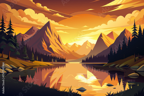 vector of "The golden sunset sky over the mountains, the perfect reflection of the landscape in the clear water of the lake, the lush forest shining in the late light."