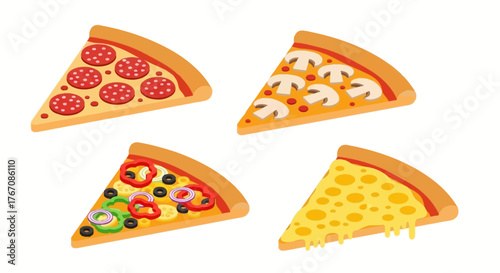 Four pizza slices with different toppings, including pepperoni, mushroom, cheese, and vegetables.