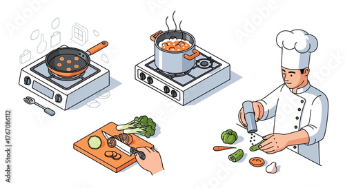 Isometric illustration of cooking process with chef, stove, pan, pot, and cutting board.
