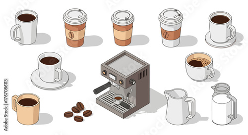 Isometric illustration of coffee cups, coffee maker, milk jugs, and coffee beans.