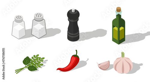 Isometric illustration of cooking ingredients: salt, pepper, oil, herbs, chili, garlic.
