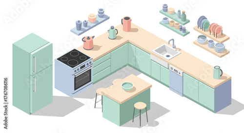 Isometric kitchen illustration with fridge, stove, counter, island, and shelves.