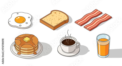 Isometric breakfast illustration with egg, toast, bacon, pancakes, coffee, and juice.