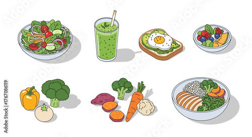 Illustration of healthy food options including salad, smoothie, avocado toast, fruit bowl, and a balanced meal.