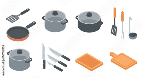 Isometric kitchenware set: pans, pots, knives, cutting boards, and utensils.