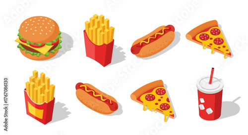 Isometric fast food icons including burger, fries, hot dogs, pizza and soda.