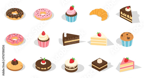 Isometric sweets: donuts, cupcakes, croissant, cake, muffin, and other pastries.