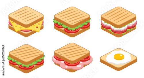 Isometric sandwiches with various fillings, including cheese, lettuce, tomato, and egg.