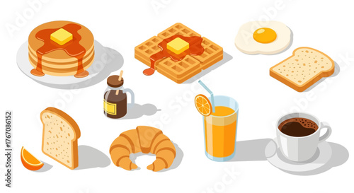 Breakfast foods including pancakes, waffles, eggs, toast, croissant, juice and coffee.