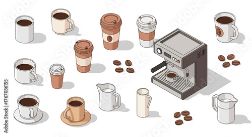 Isometric illustration of coffee cups, beans, milk jugs, and an espresso machine.