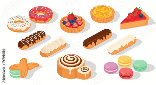 Assorted pastries including donuts, tarts, eclairs, cinnamon rolls, and macarons.