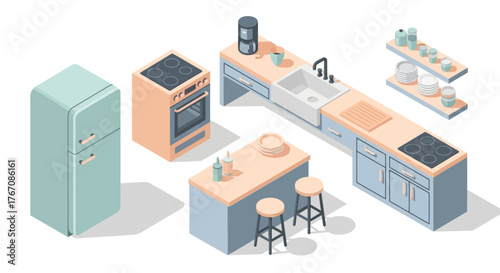 Isometric kitchen illustration with refrigerator, oven, sink, island, and shelves.