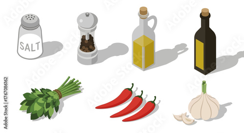Isometric illustration of cooking ingredients: salt, pepper, oil, parsley, chili peppers, and garlic.