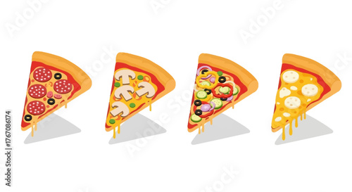 Four slices of pizza with different toppings on a white background.