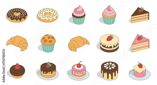 Isometric vector illustration of various pastries, including donuts, cupcakes, croissants, muffins, and cakes.