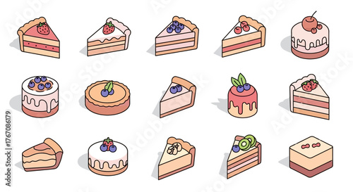 Isometric vector illustration of various cake slices and whole cakes with fruit toppings.
