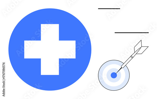Blue medical cross beside a bullseye target hit by an arrow, signifying accuracy and focus in healthcare. Ideal for health, precision, success, goals, achievement, strategy and planning. A simple