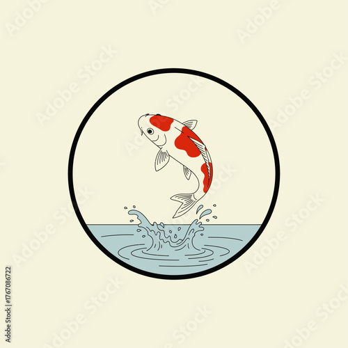 Japanese koi fish jumping out of water icon flat vector design.