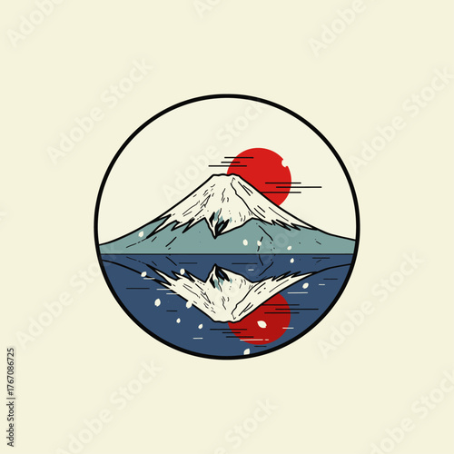 Japanese Mount Fuji reflection in lake icon flat vector design.