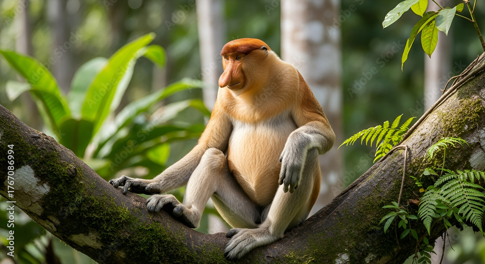 Fototapeta premium Male proboscis monkey sits on a large tree trunk in a dense tropical forest with natural light and detailed fur texture.